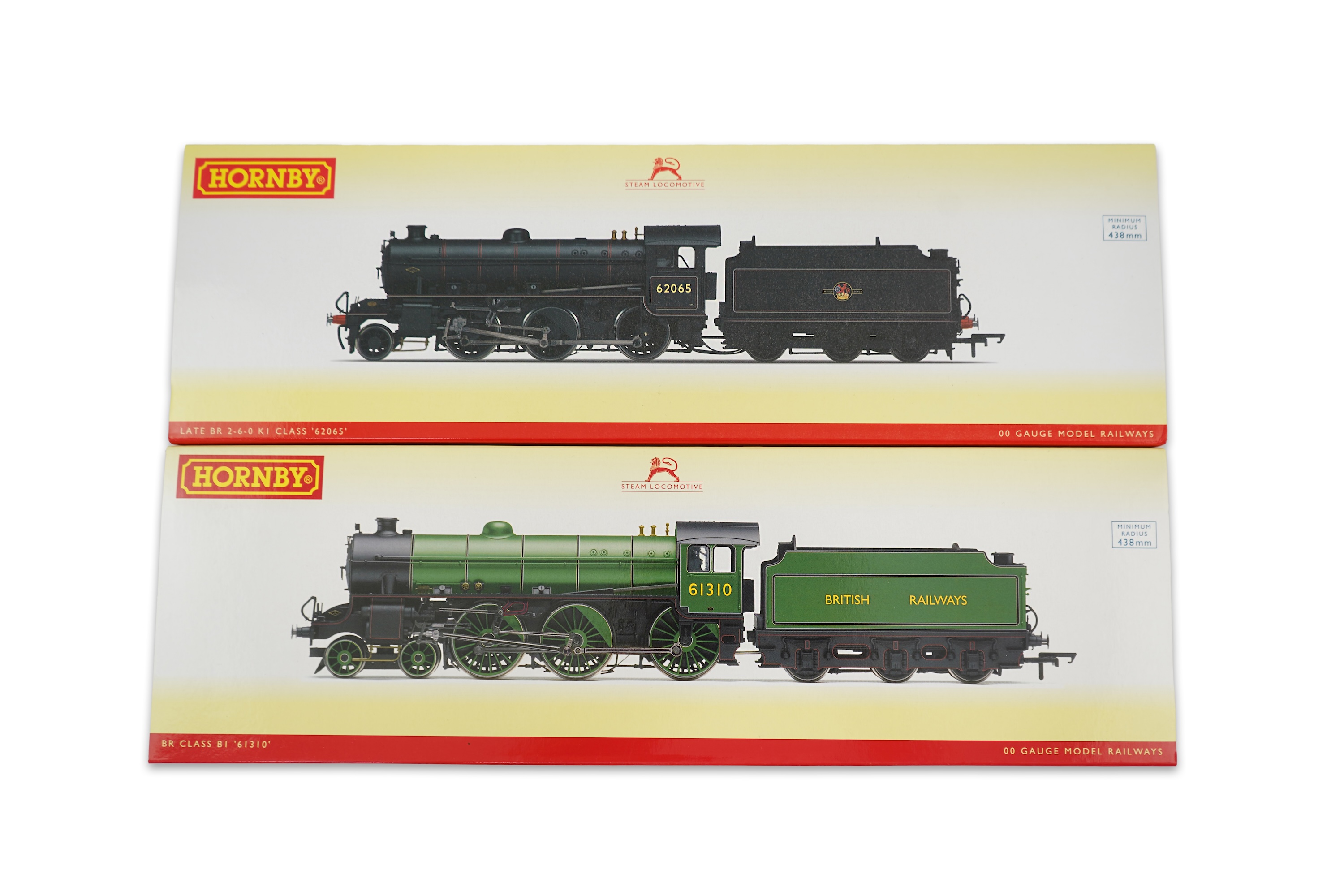 Two boxed Hornby Hobbies 00 gauge railway BR tender locomotives; a class K1, 62065, (R3417), together with a class B1, 61310, (R3338)